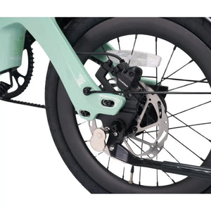 Detailed shot of the Tektro hydraulic rear disc brake caliper and smooth wheels on the E-Go CarbonLite folding bike.