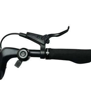 Close-up of the Tektro hydraulic disc brake lever and integrated handlebar bell on the E-Go CarbonLite folding e-bike.
