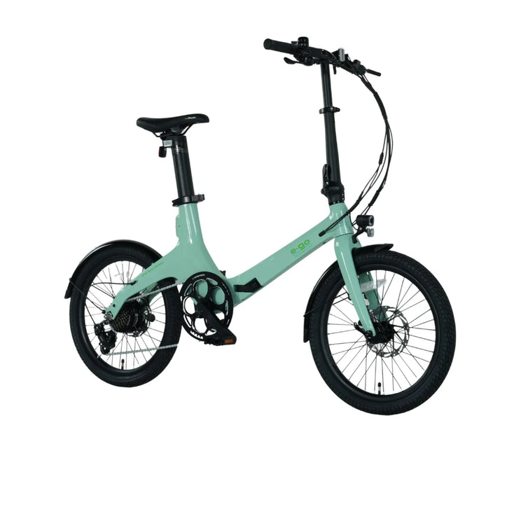 E-Go CarbonStep step-through folding e-bike in Duck Egg, front three-quarter view