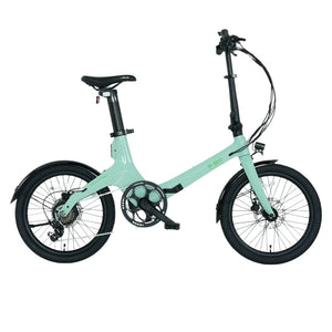 E-Go CarbonStep folding electric bike in Duck Egg, side view showing the low step-through carbon fibre frame
