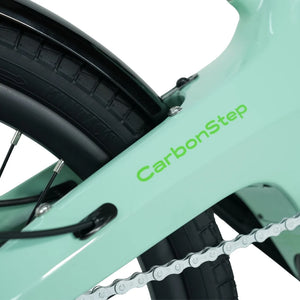 CarbonStep name on the Duck Egg carbon fibre frame of the E-Go folding e-bike