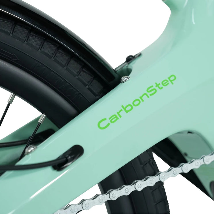 CarbonStep name on the Duck Egg carbon fibre frame of the E-Go folding e-bike
