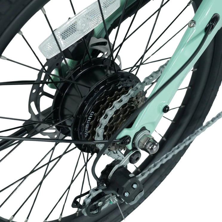 250W rear hub motor, Shimano 7-speed cassette and disc brake on the E-Go CarbonStep