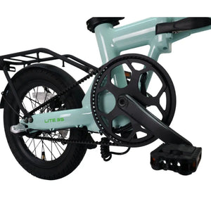 Close-up of the Dayco Carbon Belt Drive system and foldable pedal on the EGo Lite 3S folding e-bike.