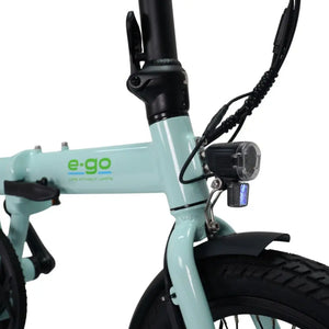 Close-up of the integrated LED headlight and front folding mechanism on the E-Go Lite 3S.
