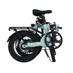 The E-Go Lite 3S folding e-bike fully folded and ready for transport or compact storage.