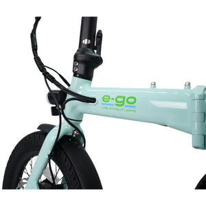 Close-up of the main frame's folding joint and the E-Go logo on the mint green frame.