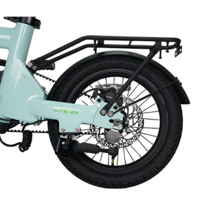Detailed view of the rear disc brake, rear cargo rack, and Lite 3S logo on the mint green frame.