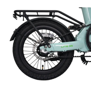 Detailed shot of the rear cargo rack and disc brake system on the E-Go Lite 3S folding e-bike.