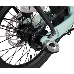 Detailed view of the Shimano Nexus internal gear hub, rear disc brake, and carbon belt drive on the EGo Lite 3S.