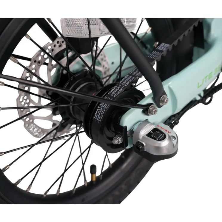 Detailed view of the Shimano Nexus internal gear hub, rear disc brake, and carbon belt drive on the EGo Lite 3S.