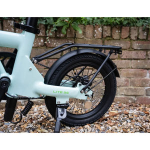 Rear wheel and integrated rack/fender of the mint E-Go Lite 3S, highlighting the compact features.