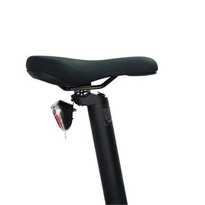 Close-up of the saddle and integrated LED rear light on the E-Go Lite 3S seatpost.