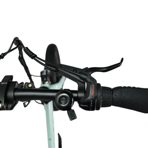 Close-up of the Shimano Nexus twist shifter, brake lever, and bell on the E-Go Lite 3S handlebar.