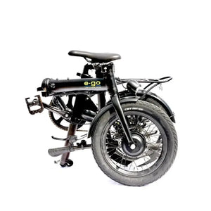 Side profile of the folded E-Go Lite electric bike in black, highlighting its ultra-compact design.