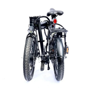 Rear view of the folded E-Go Lite e-bike, displaying the rear reflector, mudguards, and narrow footprint that makes it ideal for mixed-mode commuting.