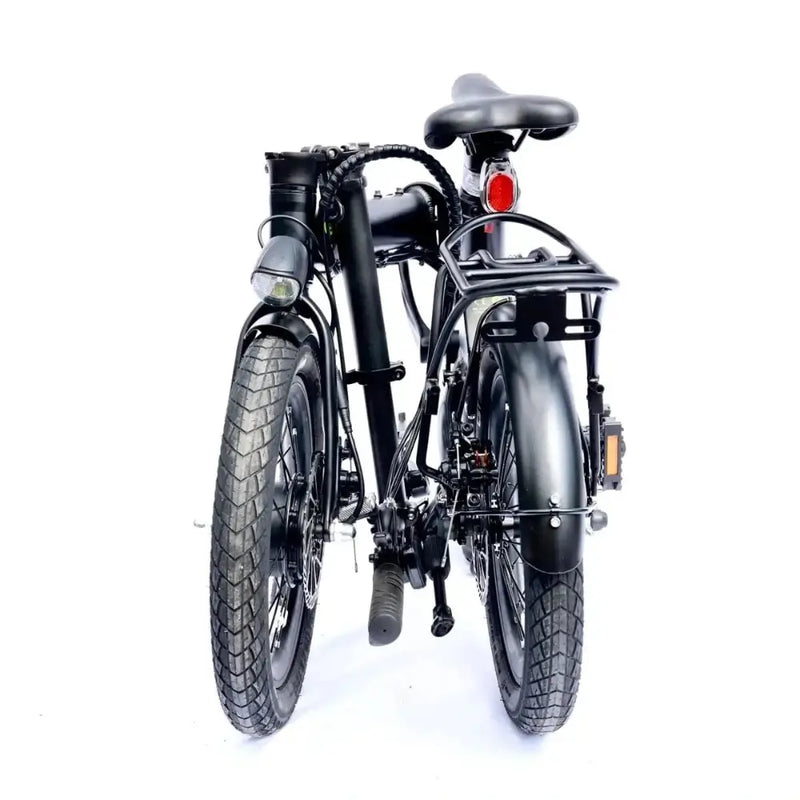 Rear view of the folded E-Go Lite e-bike, displaying the rear reflector, mudguards, and narrow footprint that makes it ideal for mixed-mode commuting.