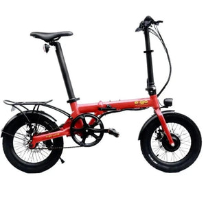 Side view of the 2024 E-Go Lite folding electric bike in black, featuring a lightweight frame, 16-inch wheels, and a seat post battery for the ultimate compact commuter solution.