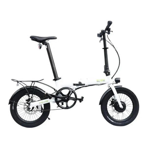 Side view of the 2024 E-Go Lite folding electric bike in white, featuring a lightweight frame, 16-inch wheels, and a seat post battery for the ultimate compact commuter solution.