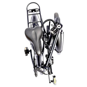 Top-down perspective of the folded E-Go Lite+, showing how the handlebars and saddle tuck in neatly alongside the rear pannier rack for a slim profile.