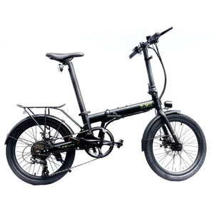 Side view of the E-Go Lite+ (Plus) electric bike in black, featuring 20-inch wheels and a 7-speed derailleur for versatile commuting.