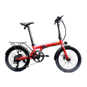 Side view of the E-Go Lite+ (Plus) electric bike in satin red, featuring 20-inch wheels and a 7-speed derailleur for versatile commuting.