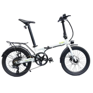 Side view of the E-Go Lite+ (Plus) electric bike in white, featuring 20-inch wheels and a 7-speed derailleur for versatile commuting.