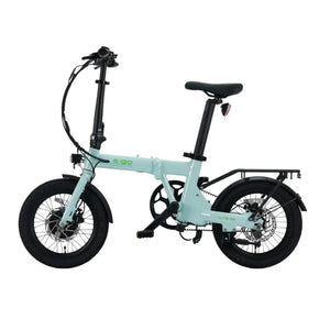 Full side view of the E-Go Lite 3S folding electric bike in green with its seatpost fully extended.