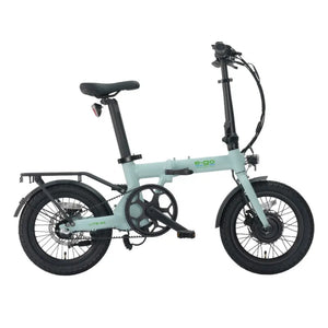 Full side view of the E-Go Lite 3S folding electric bike in green with its seatpost fully extended.