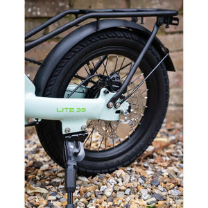 Rear wheel and Tecktro disc brake detail on the E-Go Lite 3S folding e-bike with kickstand extended.