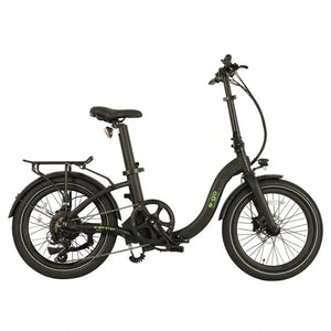 Full side profile of the E-Go Low Step folding electric bike in black, showcasing the easy-entry frame, rear pannier rack, and compact 20-inch wheels designed for commuting.