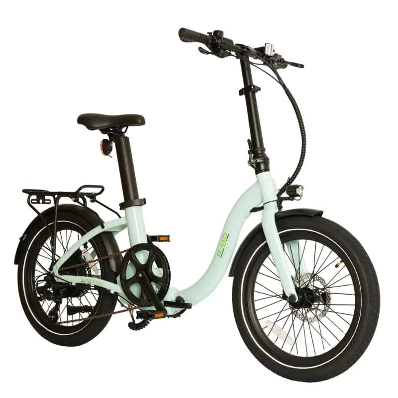 Angled view of the E-Go Low Step folding electric bike in mint green, showcasing the easy-entry frame, rear pannier rack, and compact 20-inch wheels designed for commuting.