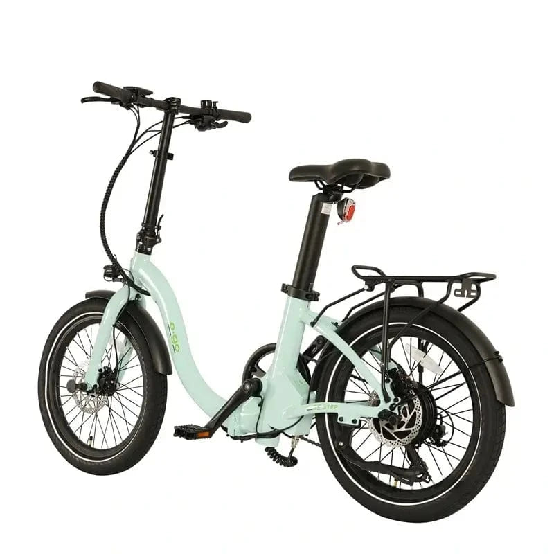 Full side profile of the E-Go Low Step folding electric bike in mint green, showcasing the easy-entry frame, rear pannier rack, and compact 20-inch wheels designed for commuting.