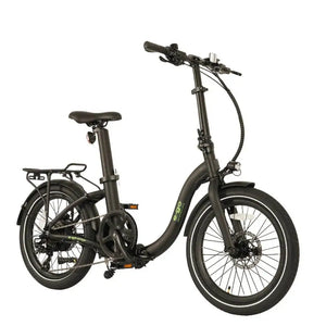 Angled view of the E-Go Low Step folding electric bike in black, showcasing the easy-entry frame, rear pannier rack, and compact 20-inch wheels designed for commuting.
