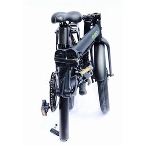 Folded view of the E-Go Max, showing the integrated seat post battery, mudguard, and how the bike stands independently when folded.