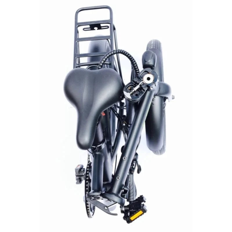 Top-down perspective of the folded E-Go Max, showing how the handlebars and saddle tuck in neatly alongside the rear pannier rack for a slim profile.