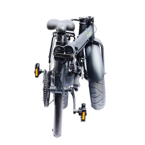 Front perspective of the folded E-Go Max+ electric bike, detailing the saddle position, rear pannier rack, and compact handlebar fold for easy car boot storage.