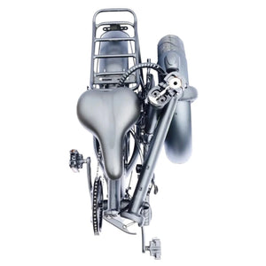 Top-down perspective of the folded E-Go Max+ electric bike, detailing the saddle position, rear pannier rack, and compact handlebar fold for easy car boot storage.