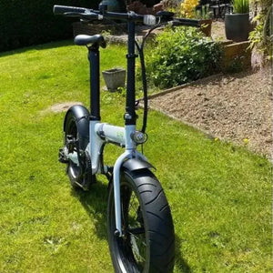 Mint green E-Go Max+ folding electric bike highlighting its robust aluminium frame and 20-inch alloy wheels suitable for outdoor leisure.