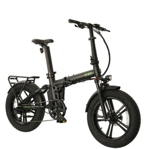 E-Go Max+ PRO folding electric bike in black with rear rack and fat tyres, shown from side angle