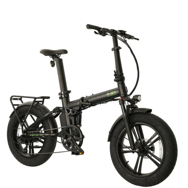 E-Go Max+ PRO folding electric bike in black with rear rack and fat tyres, shown from side angle
