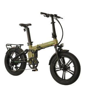 E-Go Max+ PRO folding electric bike in khaki with rear rack and fat tyres, shown from side angle