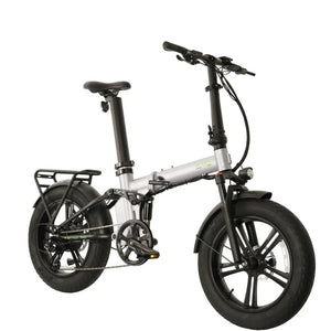 E-Go Max+ PRO folding electric bike in silver with rear rack and fat tyres, shown from side angle