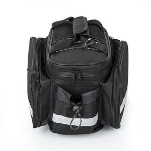 E-Go rear pannier rack bag top view showing multiple compartments, zip pockets, and carry handle for organised e-bike storage.