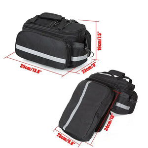 E-Go rear pannier rack bag with expandable compartments and dimensions shown, waterproof design for electric bike storage and commuting.