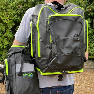 E-Go rear rack pannier XL converted into backpack showing large storage capacity and carry design.