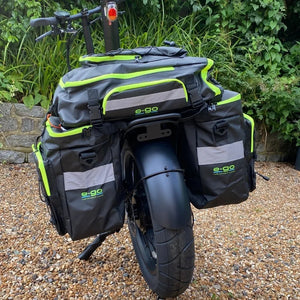 E-Go rear rack pannier XL full setup on electric bike with multiple storage compartments and waterproof design.
