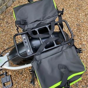 E-Go rear rack pannier XL mounted as dual bags on electric bike rear rack with secure straps and handles.