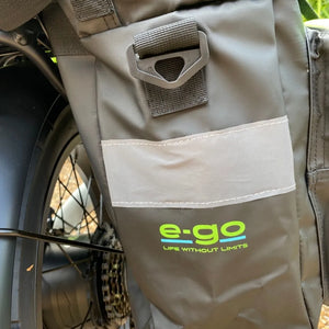 E-Go rear rack pannier XL waterproof e-bike bag with large storage capacity mounted on electric bike rear rack.