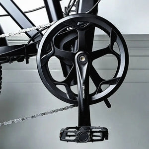 Detailed shot of the black alloy crankset and chain on the EMovement Panther V4.2.